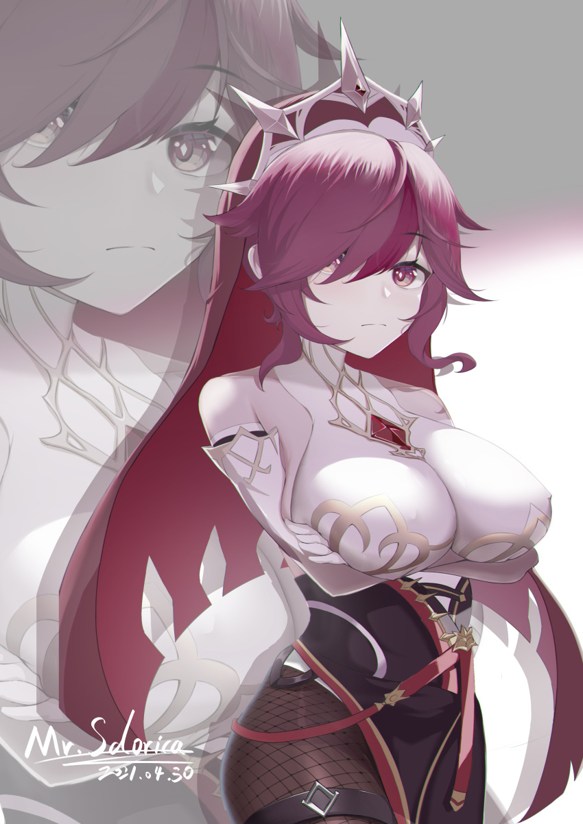 1girl, absurdres, bare_shoulders, breast_hold, breasts, colored_skin, covered_nipples, crossed_arms