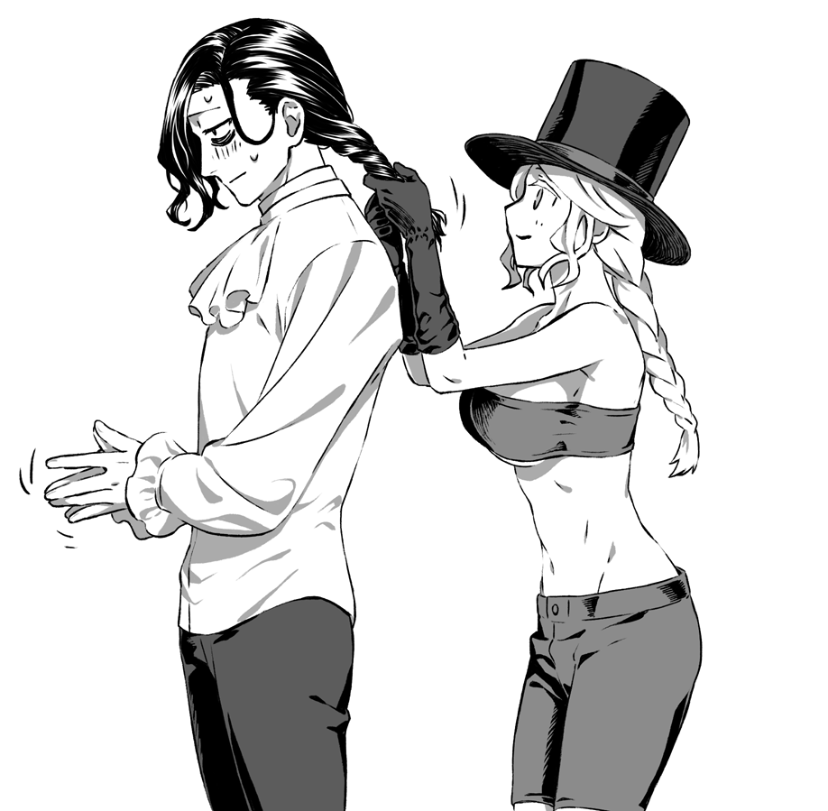 1boy, 1girl, arizuka_(catacombe), bandeau, bloodborne, braid, braiding_hair, breasts