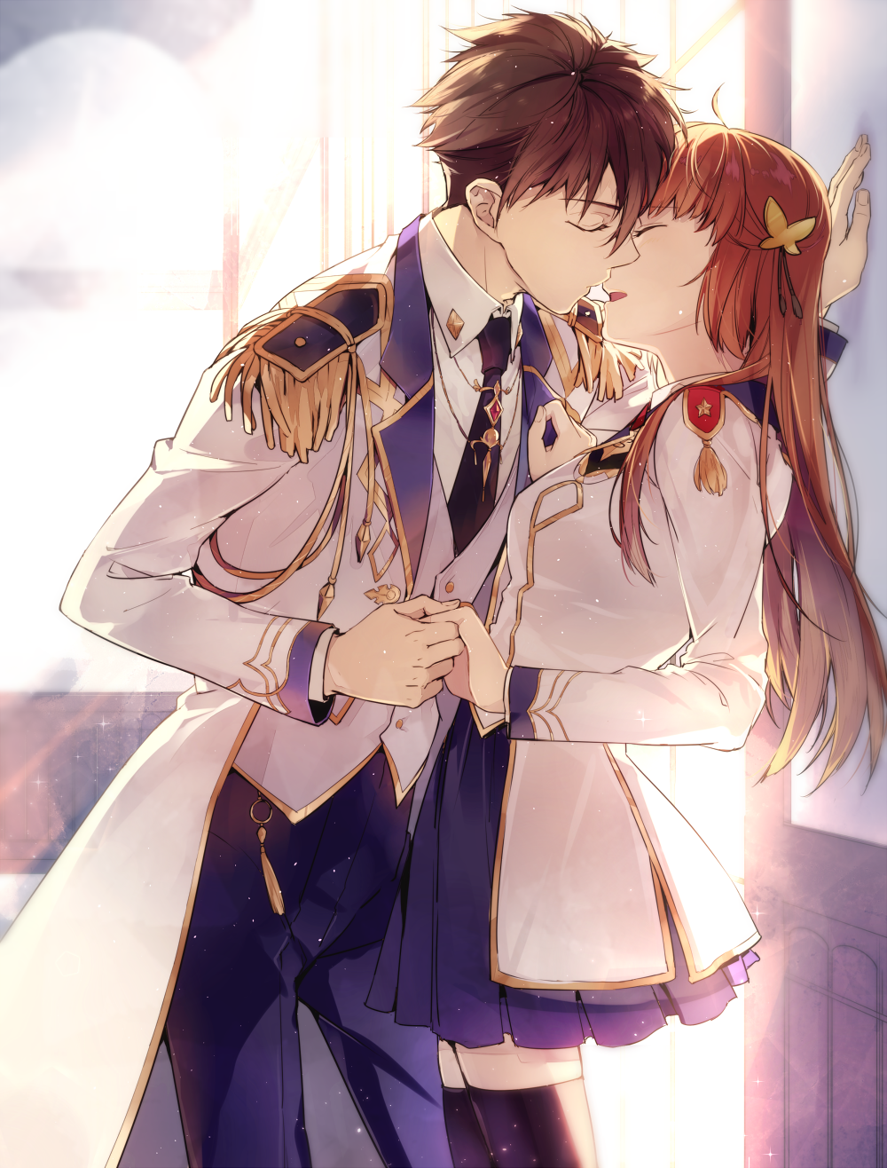 1boy, 1girl, aigisaki_kohana, black_legwear, brown_hair, butterfly_hair_ornament, closed_eyes, epaulettes, hair_ornament, hetero, highres, holding_hands, ichijouji_teika, indoors, jewelry, kiss, long_hair, long_sleeves, magic-kyun!_renaissance, necktie, onoco, school_uniform, standing, wall_slam