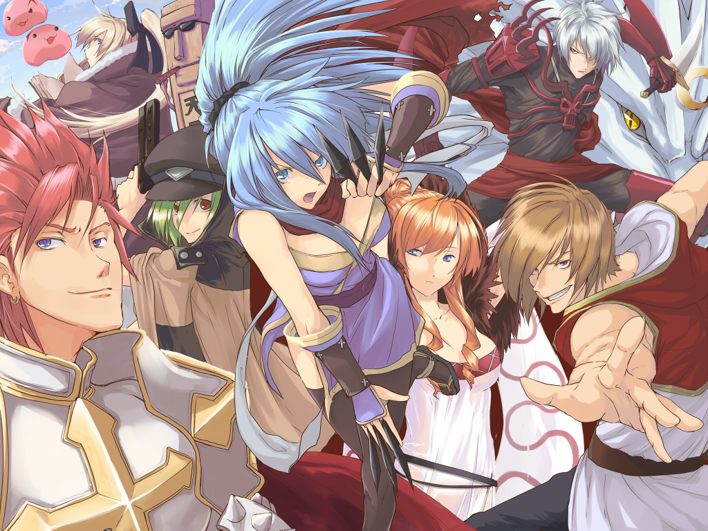 3boys, 4girls, arm_blade, armor, bangs, between_fingers, black_bodysuit, black_headwear