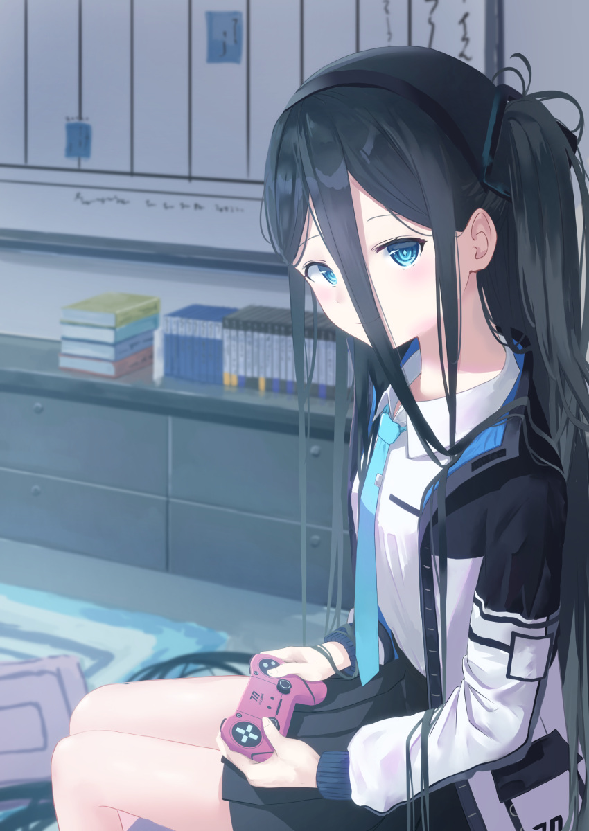 1girl, absurdres, arisu_(blue_archive), blue_archive, blue_eyes, blurry, blurry_background, book, controller, dark_blue_hair, game_controller, hair_between_eyes, headband, highres, jacket, looking_at_viewer, necktie, playing_games, pov, school_uniform, smile, solo, tont27