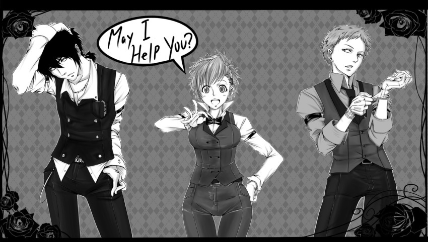 cosplay, english, female_protagonist_(persona_3), formal, gloves, hand_on_hip, monochrome, persona