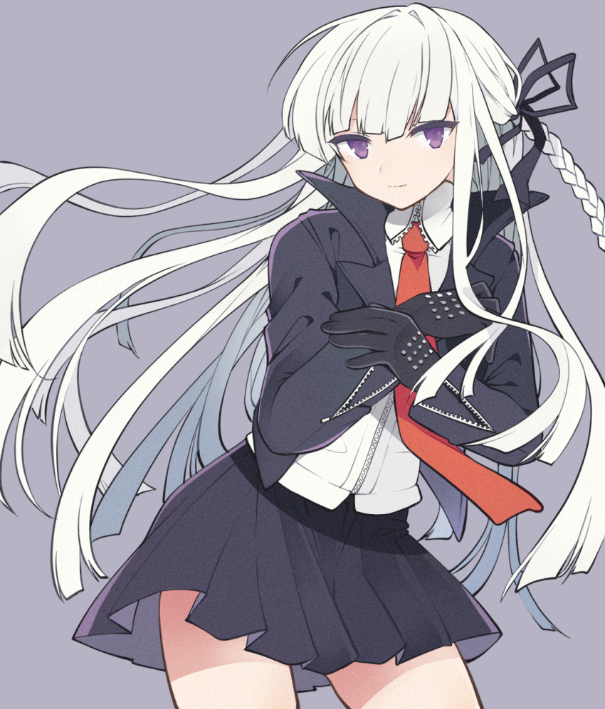 1girl, bangs, black_gloves, black_jacket, black_ribbon, blunt_bangs, blush, braid