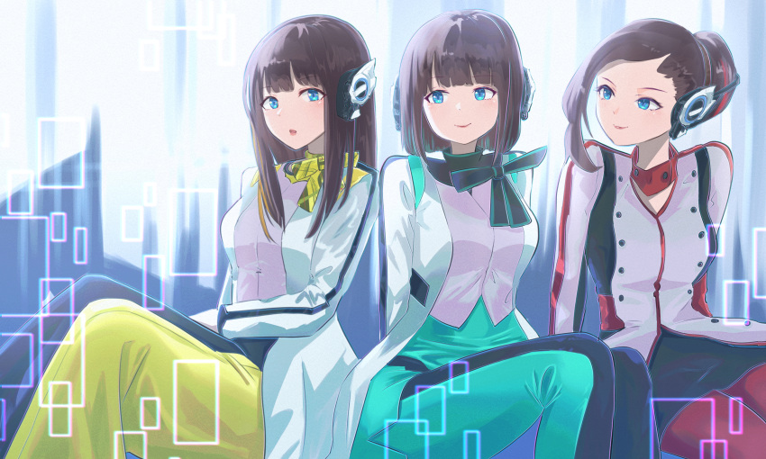 3girls, android, aqua_pants, aqua_skirt, bangs, black_skirt, blue_eyes, blunt_bangs