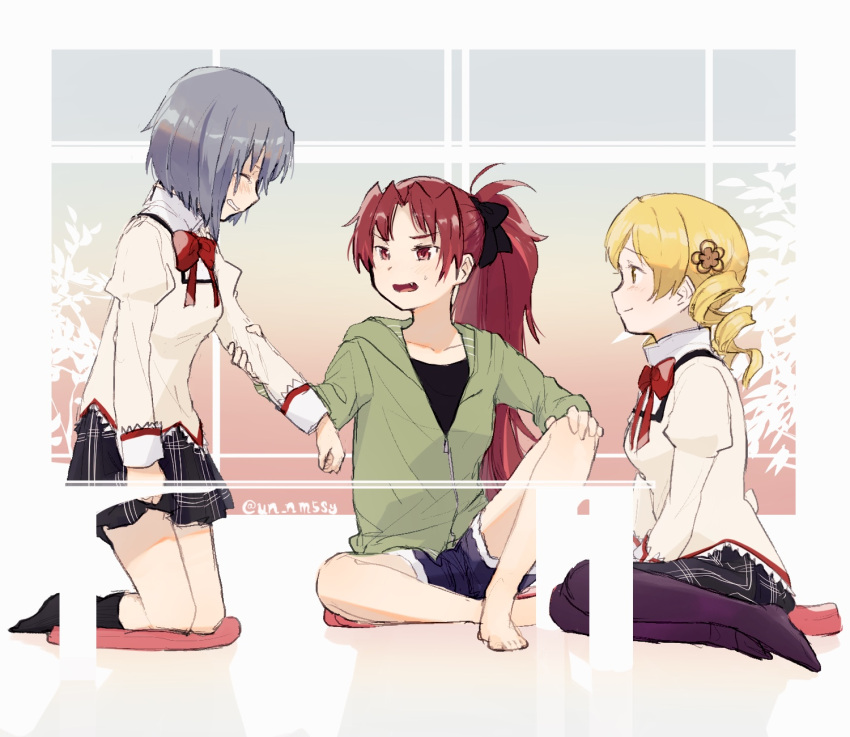 3girls, abstract_background, artist_name, barefoot, beige_vest, black_legwear, black_shirt, blonde_hair