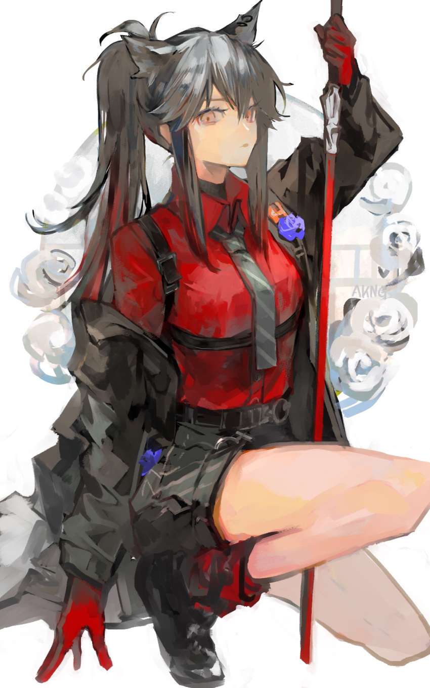 1girl, animal_ears, arknights, belt, black_coat, black_footwear, black_hair, black_skirt