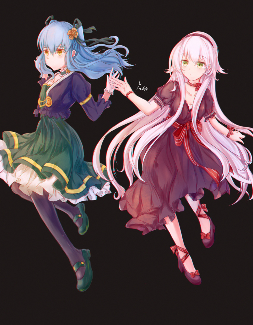 2girls, absurdres, altina_orion, black_background, black_dress, black_legwear, blue_hair, collarbone