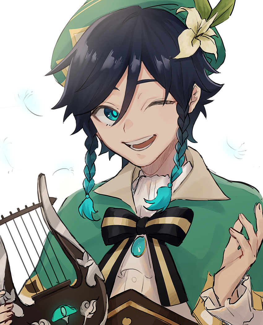 1boy, absurdres, androgynous, bangs, beret, black_hair, blue_hair, bow, braid, brooch, cape, collared_cape, collared_shirt, commentary_request, corset, dandelion_seed, flower, frilled_sleeves, frills, gem, genshin_impact, gradient_hair, green_eyes, green_headwear, hat, hat_flower, highres, holding, holding_instrument, instrument, jewelry, leaf, long_sleeves, looking_at_viewer, lyre, mabi_(vuwn2437), male_focus, multicolored_hair, one_eye_closed, open_mouth, shirt, short_hair_with_long_locks, simple_background, smile, solo, twin_braids, venti_(genshin_impact), white_background, white_flower, white_shirt