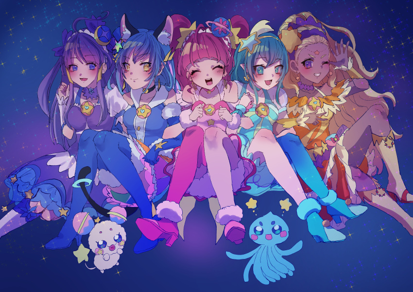 5girls, ;d, ^_^, ^o^, absurdres, ahoge, amamiya_erena, animal_ear_fluff