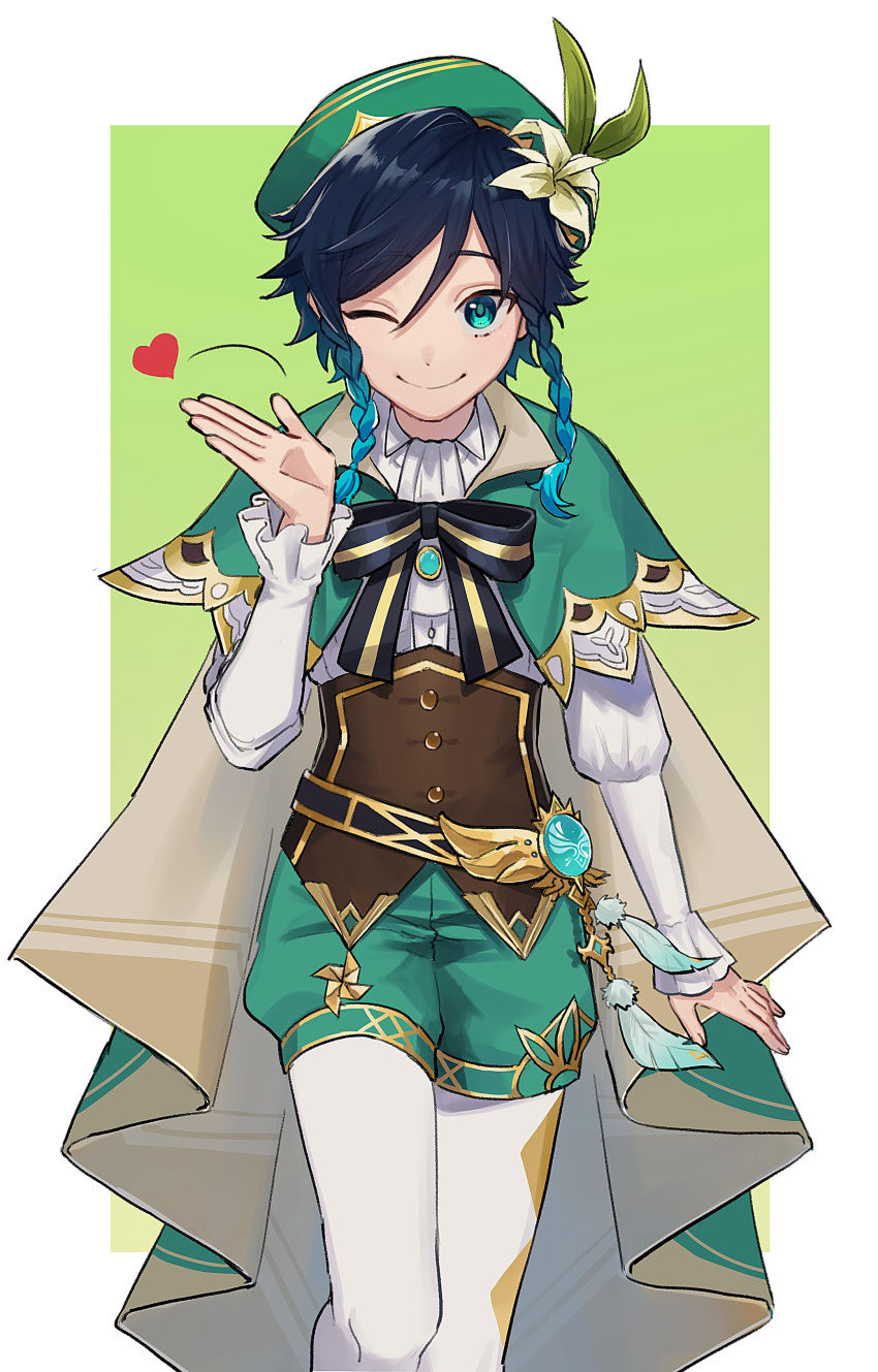 1boy, absurdres, androgynous, argyle, argyle_legwear, bangs, beret, black_hair, blue_hair, bow, braid, brooch, cape, closed_mouth, collared_cape, collared_shirt, commentary_request, corset, eyebrows_visible_through_hair, feathers, flower, frilled_sleeves, frills, gem, genshin_impact, gradient_hair, green_background, green_eyes, green_headwear, green_shorts, hair_between_eyes, hair_flower, hair_ornament, hat, heart, highres, jewelry, leaf, long_sleeves, looking_at_viewer, mabi_(vuwn2437), male_focus, multicolored_hair, one_eye_closed, pantyhose, pinwheel, ribbon, shirt, short_hair_with_long_locks, shorts, sidelocks, simple_background, smile, solo, twin_braids, venti_(genshin_impact), vision_(genshin_impact), white_background, white_flower, white_legwear, white_shirt