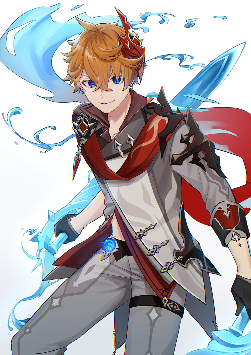 1boy, absurdres, bangs, black_gloves, blue_eyes, closed_mouth, collarbone, collared_jacket, commentary_request, eyebrows_visible_through_hair, genshin_impact, gloves, hair_between_eyes, highres, holding, holding_sword, holding_weapon, huge_filesize, jacket, jewelry, liquid_weapon, mabi_(vuwn2437), male_focus, mask, mask_on_head, midriff_peek, orange_hair, scarf, short_hair, simple_background, single_earring, sword, tartaglia_(genshin_impact), vision_(genshin_impact), water, weapon, white_background