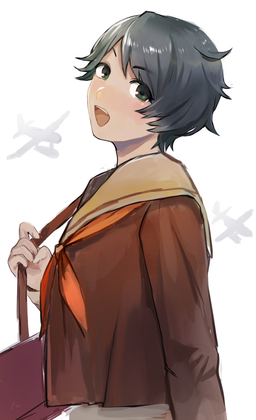 1girl, aircraft, airplane, bag, black_eyes, black_hair, brown_sailor_collar, brown_shirt