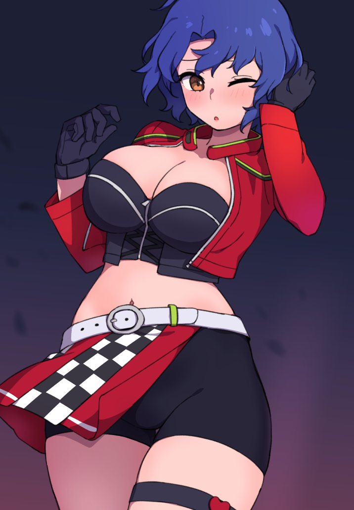 1girl, belt, belt_buckle, black_gloves, black_shorts, blue_hair, breasts, brown_eyes