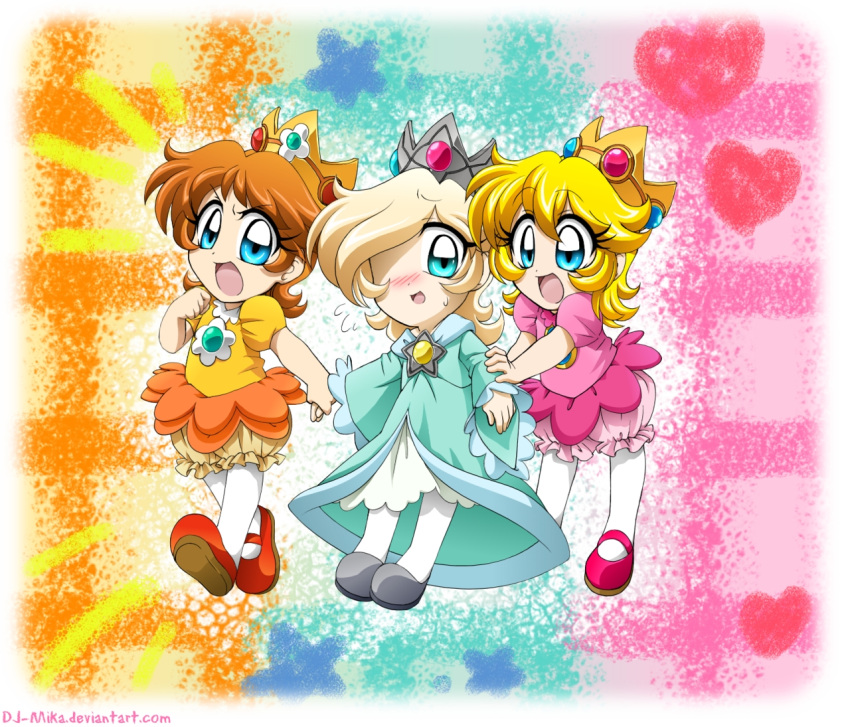 3girls, baby, baby_daisy, baby_peach, baby_rosalina, blonde_hair, blue_dress, brown_hair