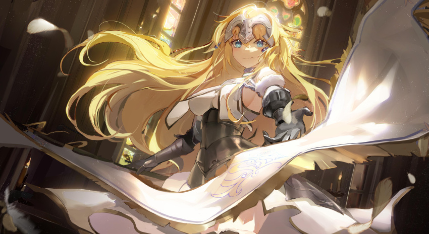 1girl, absurdres, armor, armored_dress, bangs, blonde_hair, blue_eyes, blush