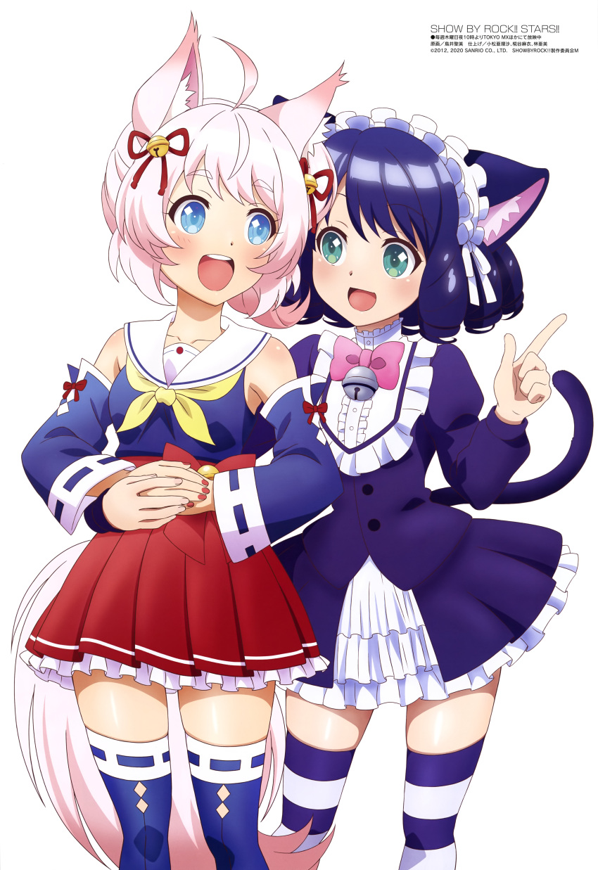 2girls, absurdres, animal_ears, bare_shoulders, blue_hair, blue_legwear, cat_ears, cyan_(show_by_rock!!), finger_gun, highres, howan_(show_by_rock!!), multiple_girls, pink_hair, show_by_rock!!, simple_background, striped, striped_legwear, tail, thigh-highs, white_background, yuri