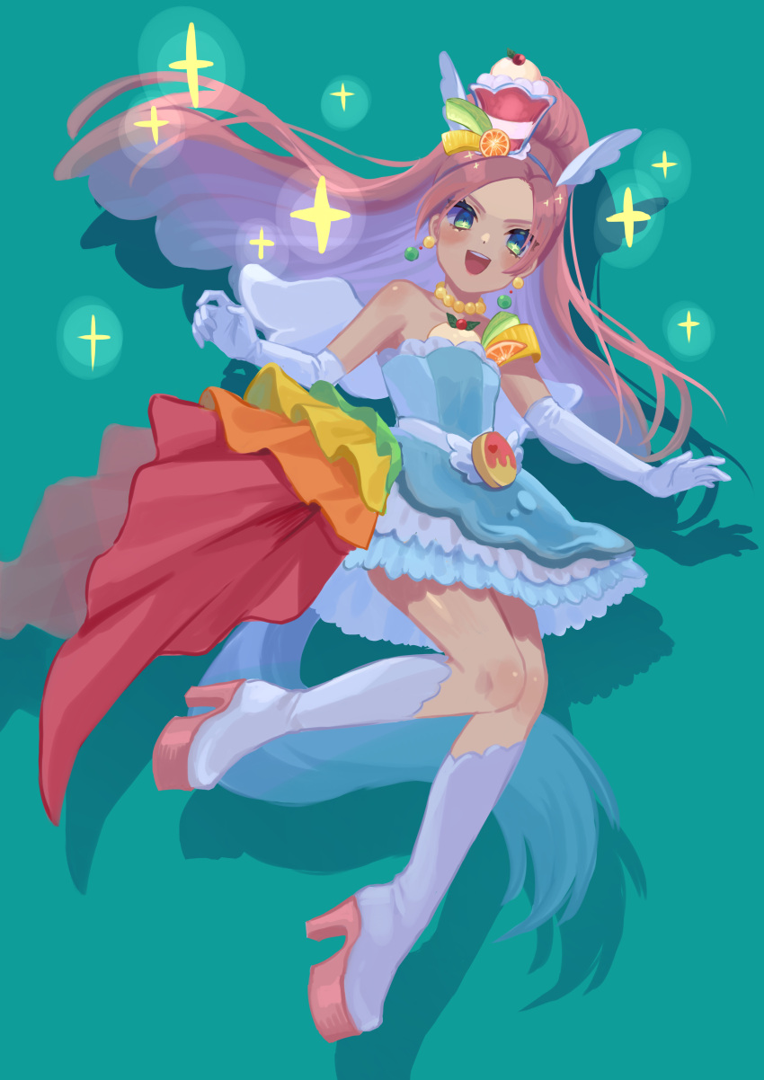 +_+, 1girl, :d, absurdres, aqua_background, bangs, bare_shoulders, blue_dress