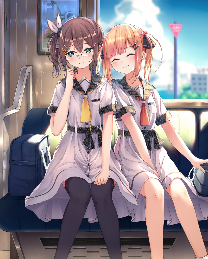 1girl, 2girls, absurdres, bag, bangs, belt, black_legwear, black_sailor_collar
