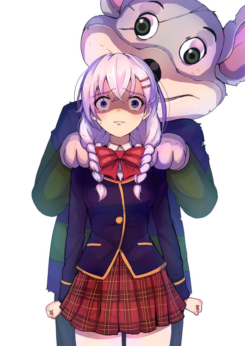 1girl, animal, anime_girl, breasts, chuck_e._cheese, chuck_e._cheese_(character), green_sleves, grey_fur
