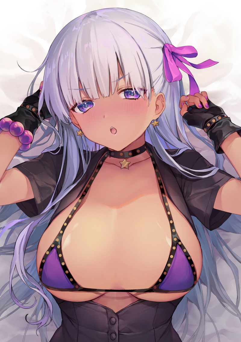 1girl, bangs, bb_(fate)_(all), bb_(swimsuit_mooncancer)_(fate), bb_shot!, bikini, black_dress, black_gloves, blush, breasts, breasts_outside, choker, collarbone, dark_skin, dark-skinned_female, dress, earrings, fate/grand_order, fate_(series), fingerless_gloves, gloves, hair_ribbon, jewelry, large_breasts, long_hair, looking_at_viewer, lying, on_back, open_clothes, open_dress, open_mouth, pink_ribbon, purple_bikini, purple_hair, ribbon, short_sleeves, swimsuit, very_long_hair, violet_eyes, vivi_(eve_no_hakoniwa)