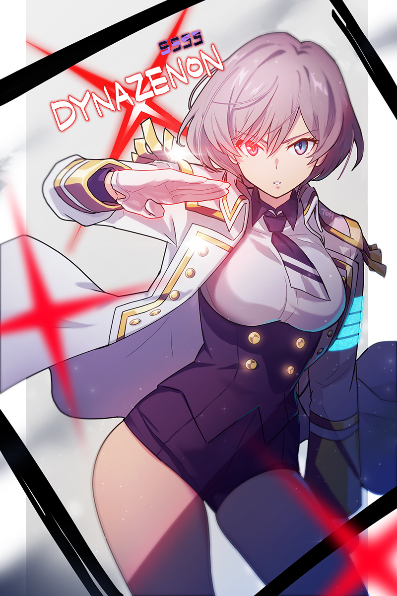 1girl, bangs, blue_eyes, blue_neckwear, breasts, corset, gloves, glowing