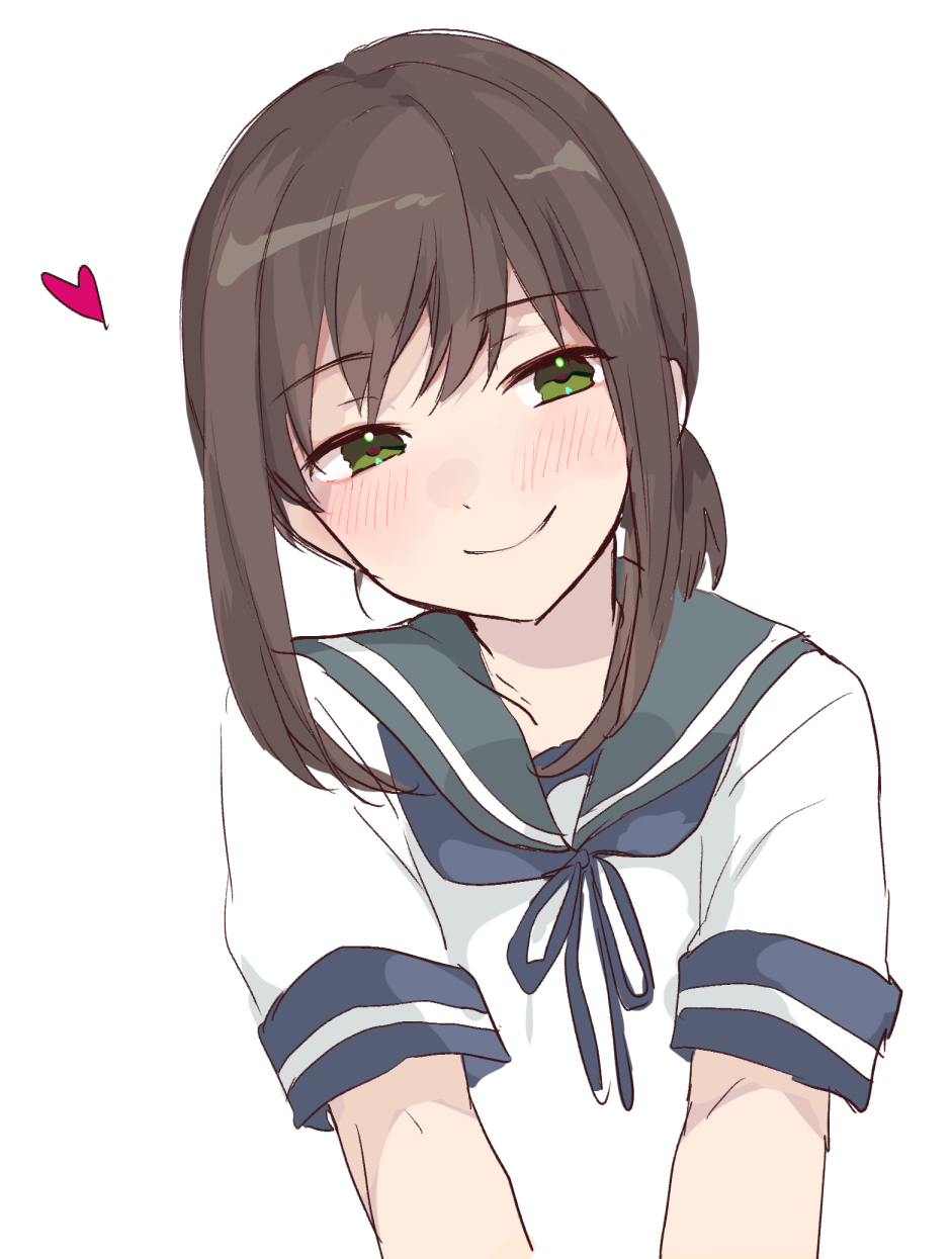 1girl, blue_sailor_collar, blush, brown_hair, closed_mouth, eyebrows_visible_through_hair, fubuki_(kancolle), green_eyes, heart, highres, hiroi09, kantai_collection, sailor_collar, school_uniform, serafuku, short_hair, short_ponytail, short_sleeves, simple_background, smile, solo, upper_body, white_background