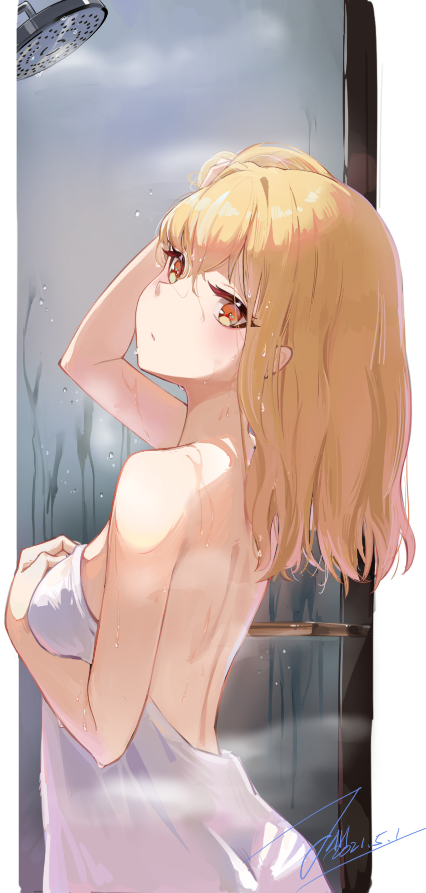 1girl, absurdres, arm_up, bangs, bare_arms, bare_shoulders, blonde_hair, breasts