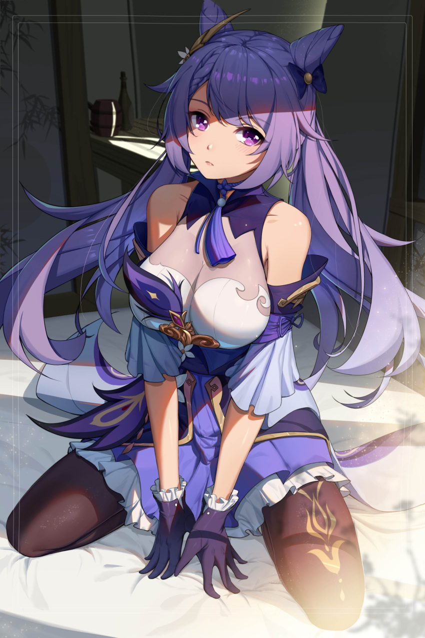 1girl, absurdres, bangs, bare_shoulders, bed_sheet, blush, bow, breasts