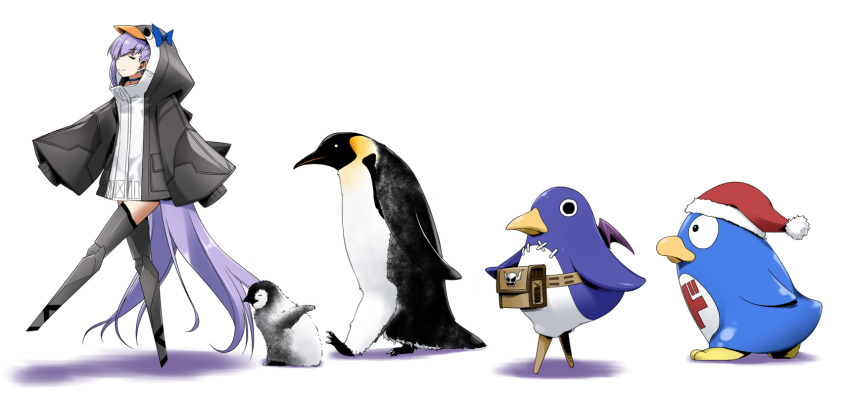 1girl, animal_costume, animal_hood, baby_penguin, bird, blue_bow, blue_ribbon, bow