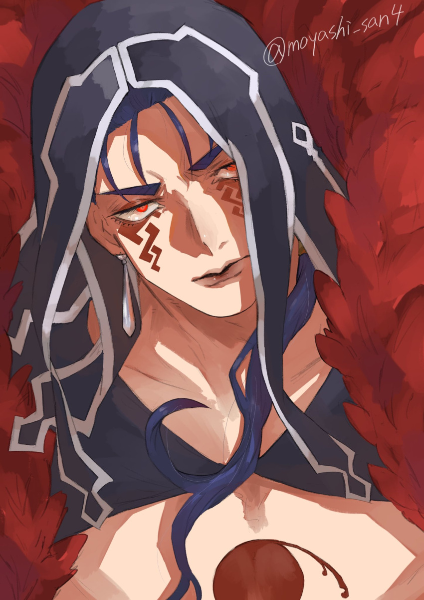 1boy, angry, blue_hair, bodypaint, close-up, closed_mouth, cu_chulainn_(fate)_(all), cu_chulainn_alter_(fate/grand_order), dark_blue_hair, dark_persona, earrings, facepaint, fate/grand_order, fate_(series), fur, highres, hood, hood_up, jewelry, long_hair, moyashi_sousaku, ponytail, twitter_username