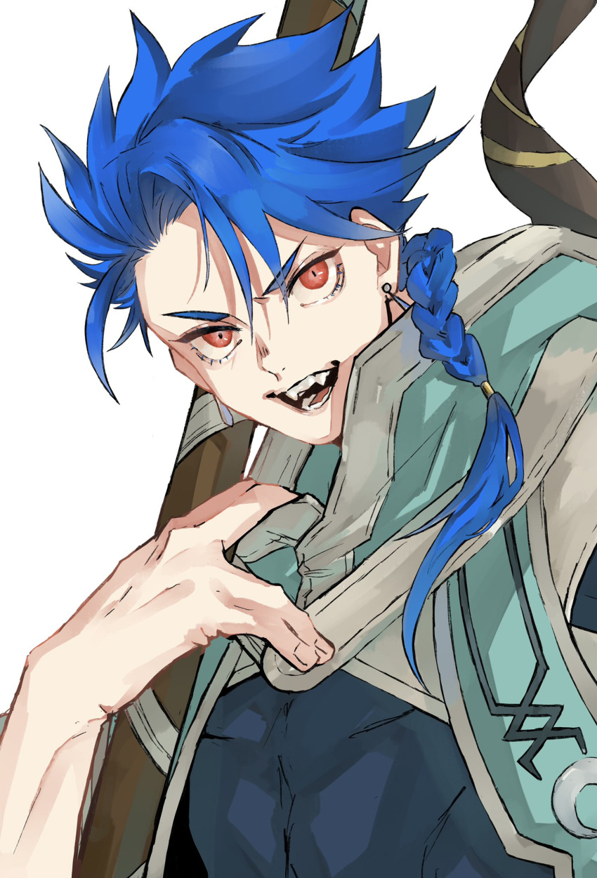 1boy, asymmetrical_bangs, asymmetrical_clothes, bangs, blue_hair, braid, braided_ponytail, child