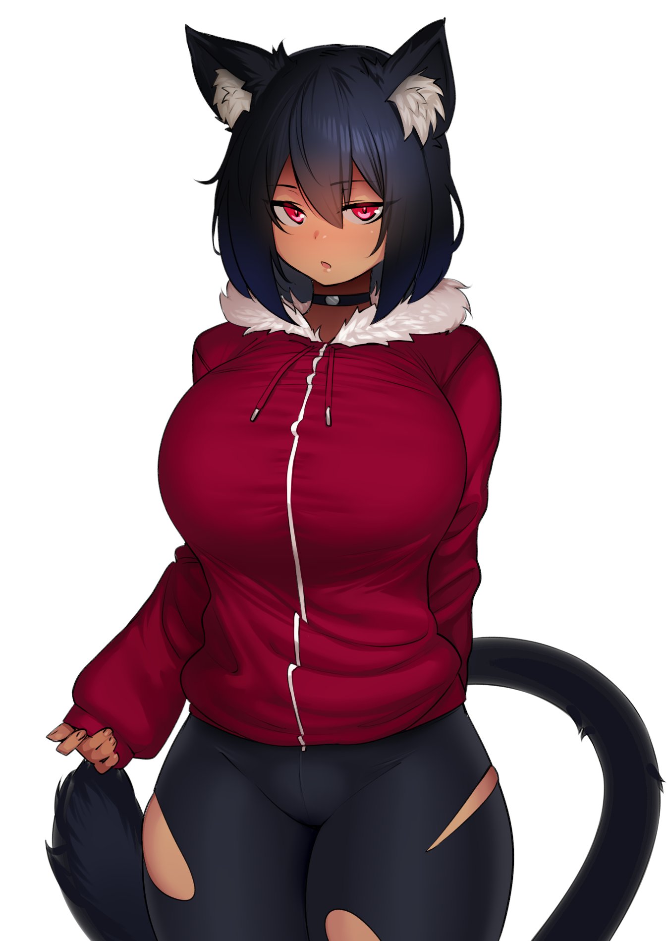 1girl, animal_ear_fluff, animal_ears, arm_behind_back, bike_shorts, black_hair, borrowed_character, breasts