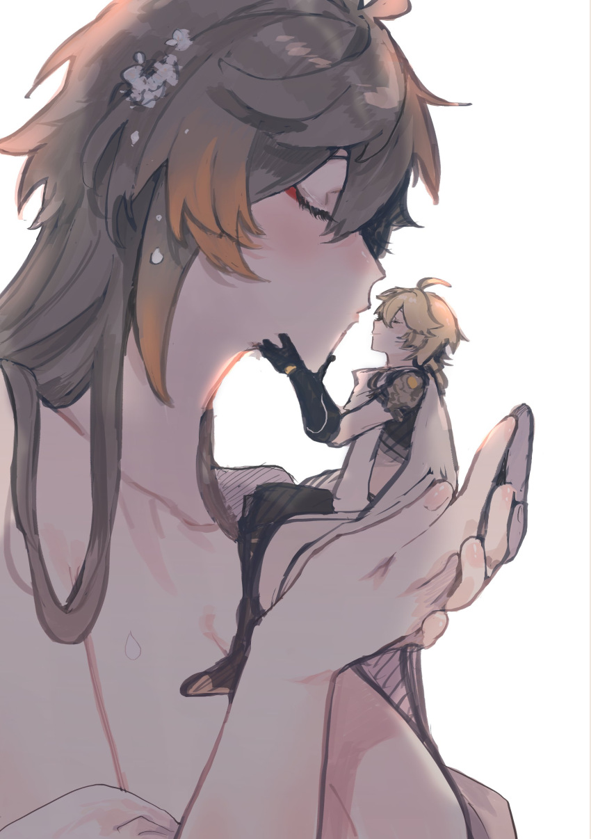 1boy, 1girl, absurdres, aether_(genshin_impact), ahoge, bangs, black_gloves, blonde_hair