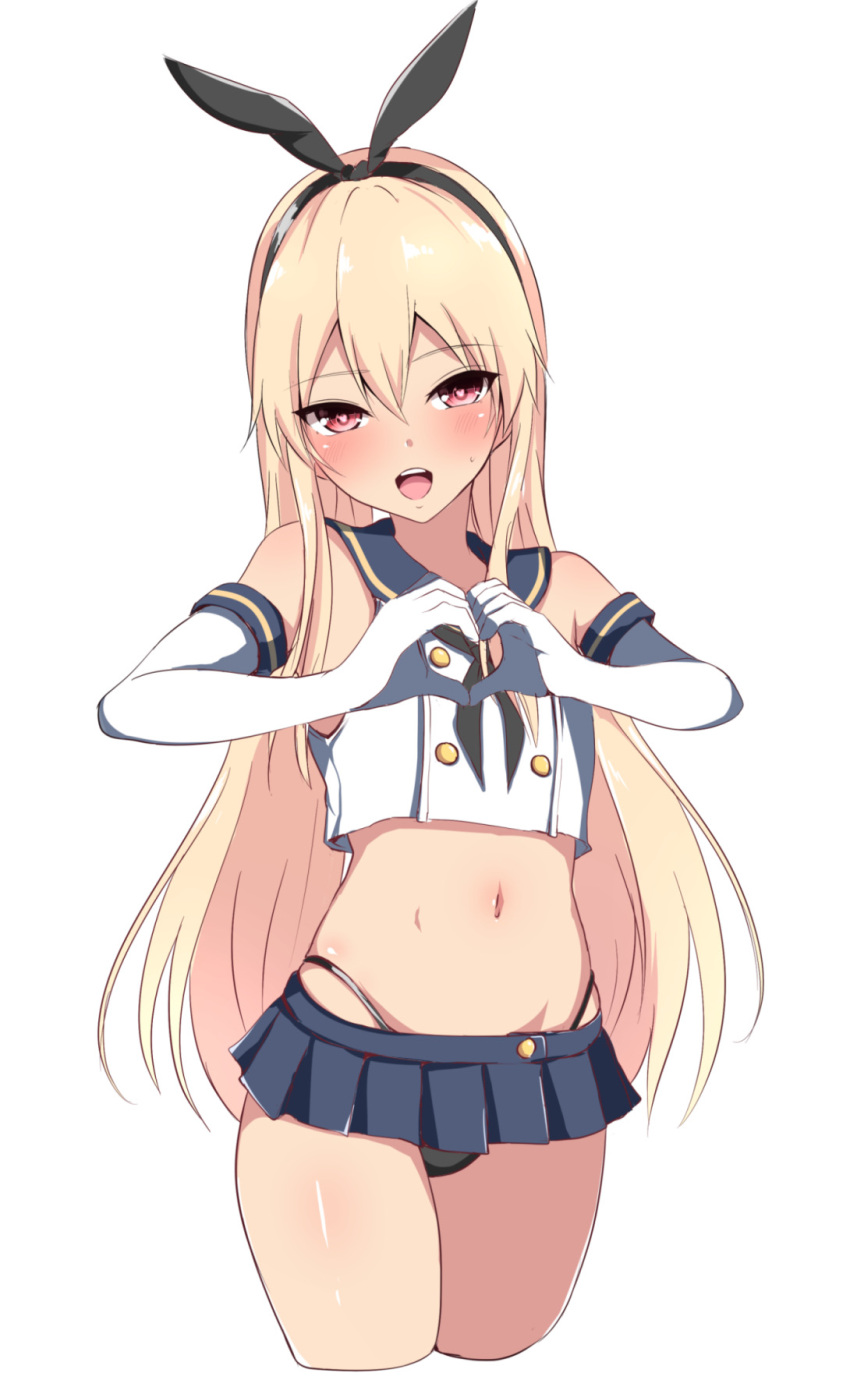 1boy, baretto_(karasi07), black_hairband, black_panties, blonde_hair, blue_skirt, bound, bound_legs, bound_wrists, cosplay, crop_top, crossdressinging, elbow_gloves, gloves, hairband, highleg, highleg_panties, highres, kantai_collection, long_hair, microskirt, navel, original, otoko_no_ko, panties, pleated_skirt, red_eyes, sailor_collar, shimakaze_(kancolle), shimakaze_(kancolle)_(cosplay), skirt, striped, striped_legwear, thigh-highs, thong, underwear, white_gloves