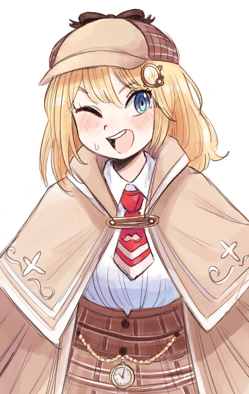 1girl, ;d, aqua_eyes, bangs, blonde_hair, blue_eyes, blush, brown_headwear