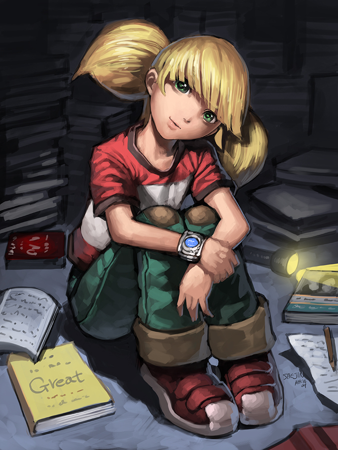 book, face, green_eyes, hands, inspector_gadget, jeans, leg_hug, penny_(inspector_gadget), saejin_oh, sitting, torch, twintails, watch, wristwatch