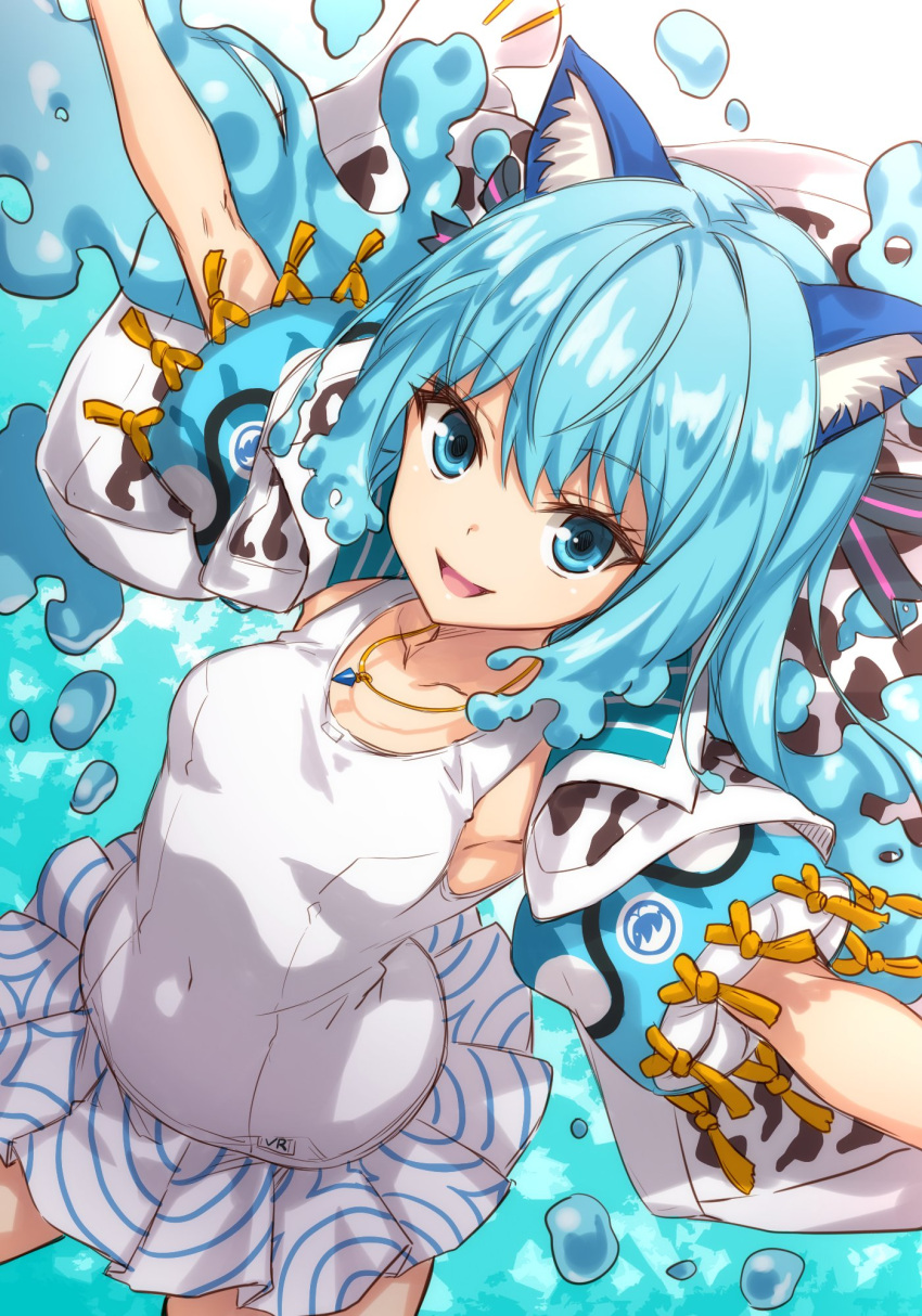 1girl, :d, animal_ears, armpits, bangs, blue_eyes, blue_hair, breasts