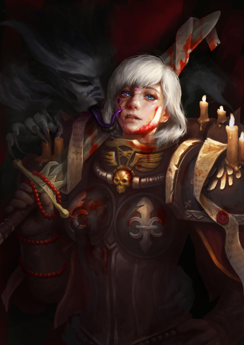 2girls, absurdres, adepta_sororitas, armor, blood, blood_on_face, blood_splatter, blue_eyes