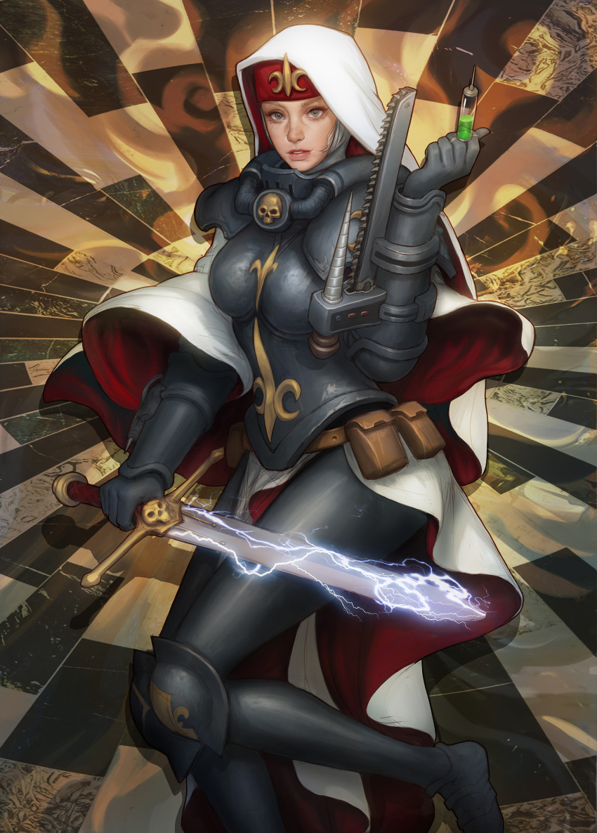 1girl, absurdres, adepta_sororitas, arm_blade, boobplate, breasts, chainsword, cloak