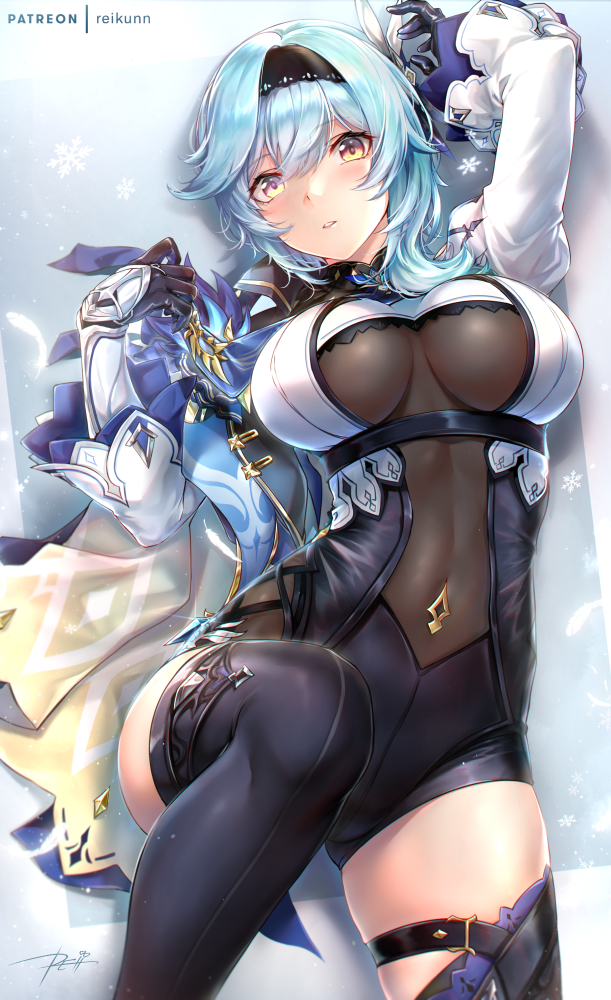 1girl, arm_guards, bangs, black_gloves, black_hairband, black_legwear, black_leotard, blue_cape