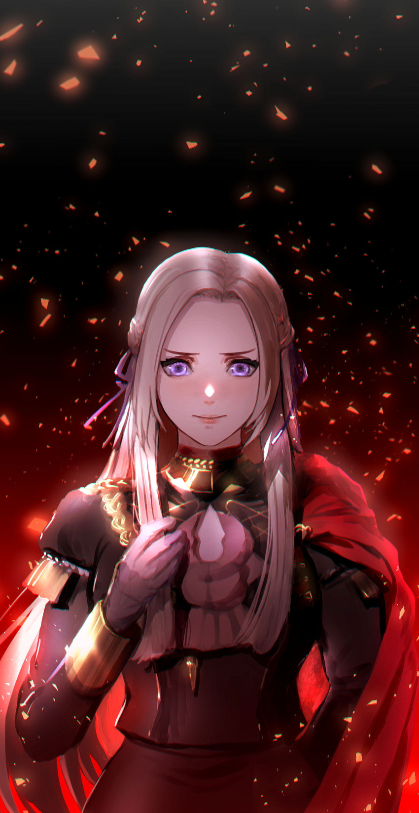 1girl, absurdres, cape, closed_mouth, edelgard_von_hresvelg, fire_emblem, fire_emblem:_three_houses, flower, garreg_mach_monastery_uniform, gloves, hair_ornament, hair_ribbon, highres, long_hair, long_sleeves, looking_at_viewer, red_cape, ribbon, ruo_candyyyy, simple_background, smile, solo, uniform, violet_eyes, white_hair