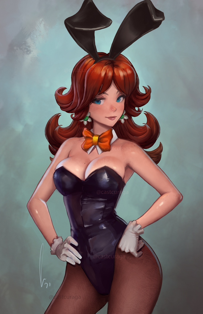 1girl, animal_ears, breasts, detached_collar, fake_animal_ears, justin_paul, large_breasts, leotard, long_hair, looking_at_viewer, super_mario_bros., pantyhose, playboy_bunny, princess_daisy, rabbit_ears, simple_background, smile, solo, wing_collar, wrist_cuffs