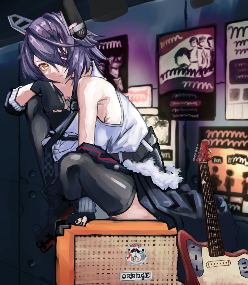 1girl, amplifier_(instrument), bangs, bare_shoulders, black_gloves, black_legwear, breasts, checkered