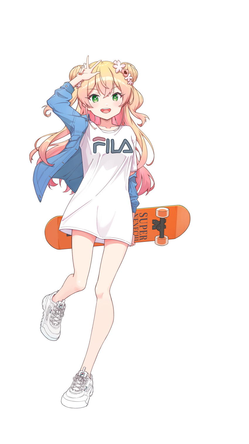 1girl, absurdres, alternate_costume, bangs, blonde_hair, blue_jacket, double_bun, fang