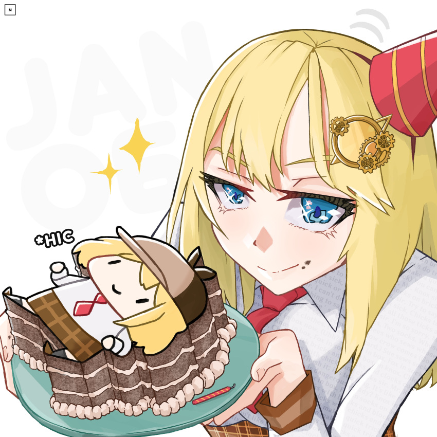 1girl, absurdres, bangs, blue_eyes, cake, food, hat, highres