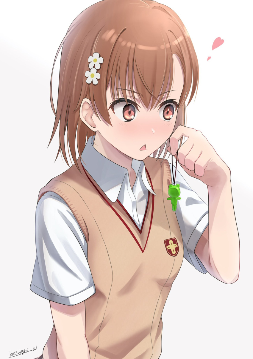 1girl, biribiri, brown_eyes, brown_hair, dress_shirt, gekota, highres, katsuragi_(katsuragi_01), misaka_mikoto, open_mouth, school_uniform, shirt, short_hair, short_sleeves, signature, simple_background, solo, sweater_vest, toaru_kagaku_no_railgun, toaru_majutsu_no_index, tokiwadai_school_uniform, triangle_mouth, upper_body, white_background, white_shirt