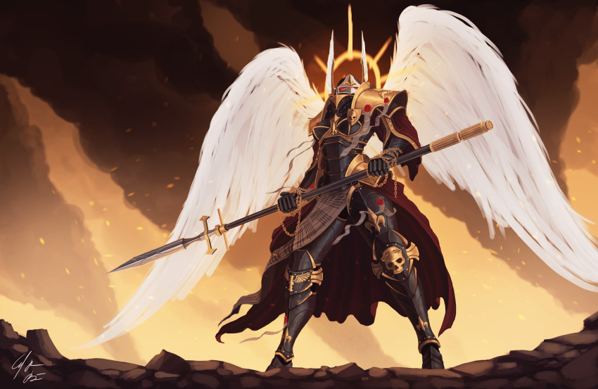 1girl, adepta_sororitas, angel_wings, armor, boobplate, chain, cj-backman, english_commentary