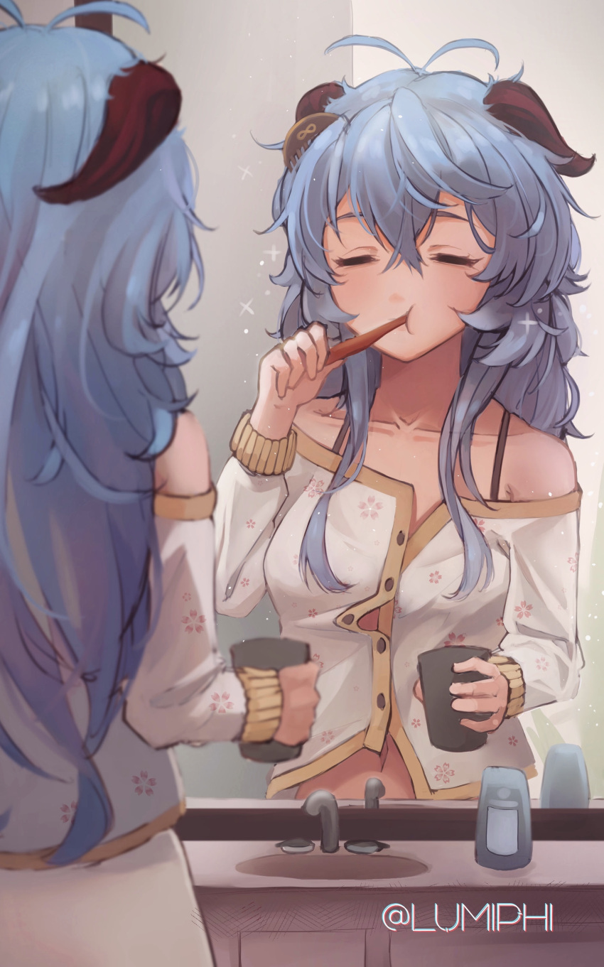 1girl, absurdres, ahoge, artist_name, bangs, bare_shoulders, bathroom, blue_hair