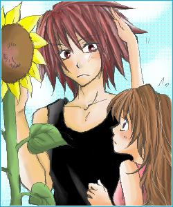 anna_irving, blush, brown_eyes, brown_hair, couple, flower, kratos_aurion, oekaki