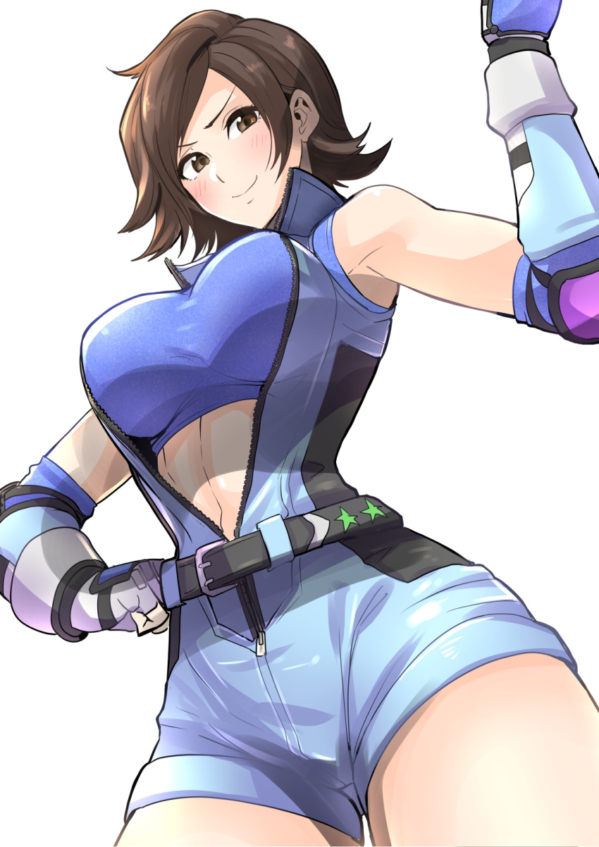 1girl, armpit_peek, belt, breasts, brown_eyes, brown_hair, clash_kuro_neko, closed_mouth